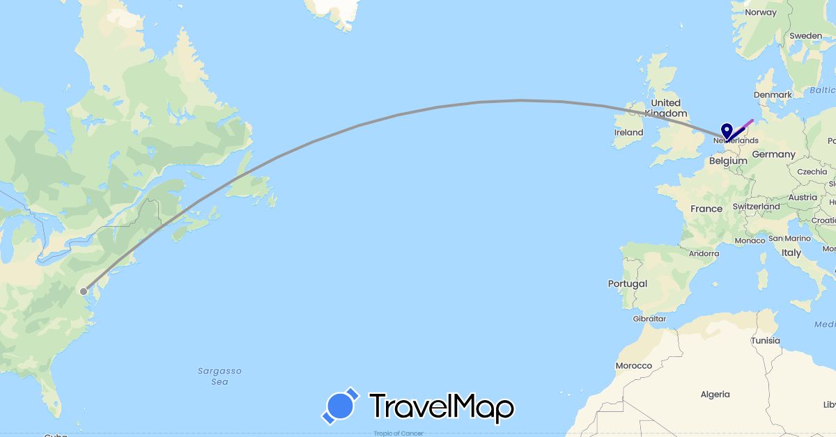 TravelMap itinerary: driving, plane, train in Germany, Netherlands, United States (Europe, North America)